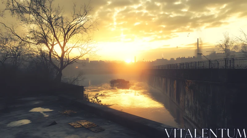 Rustlit riverbank sunrise over quiet industrial echoes.