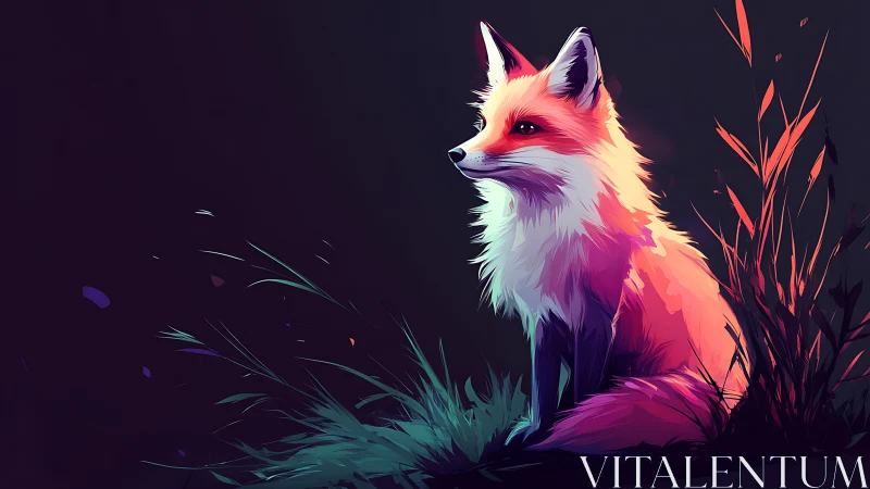 Colorful digital fox sitting in stylized night grass.