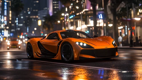 Photorealistic supercar on neon city boulevard at night.