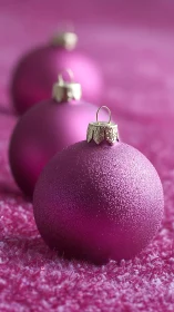 Pink glass baubles aligned on textured surface in focus.