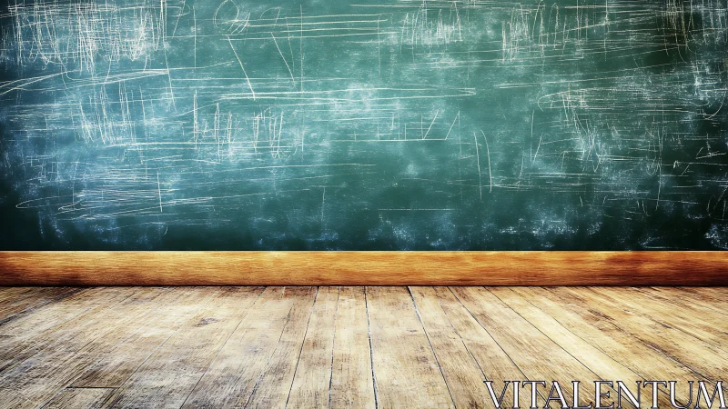 Weathered classroom chalkboard stands above rustic wood floor