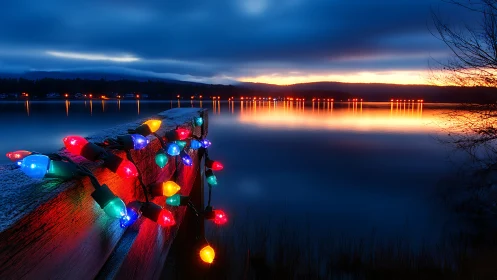 Colored string lights on frosted dock above twilight lake.