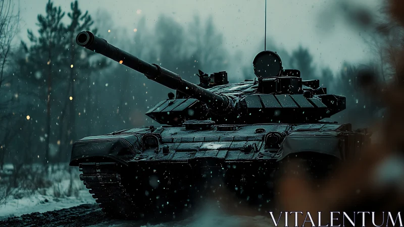 Steel behemoth prowls through snowfall in a misted forest road.