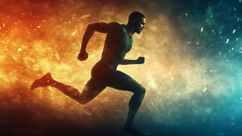 Dynamic runner silhouette crosses fiery to cool color gradient