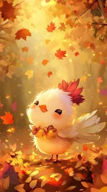 Autumn Chick Surrounded by Falling Leaves and Golden Light