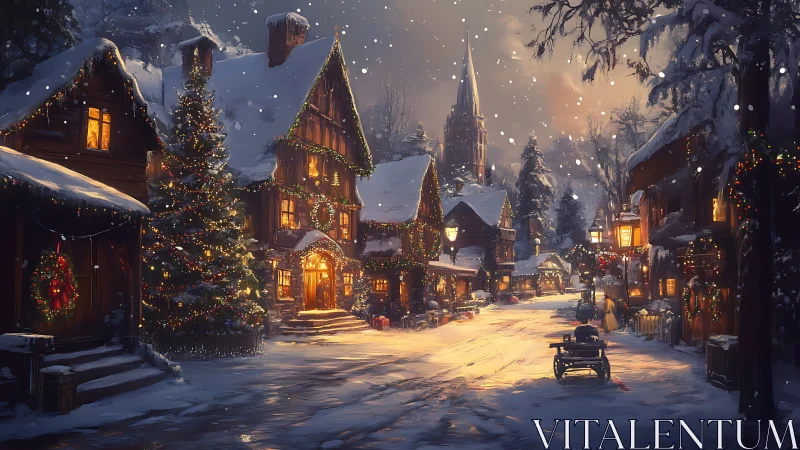 Snow-covered village street with seasonal evening lighting.