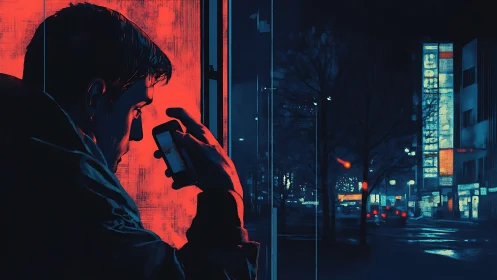 Man studies glowing phone beside neon city window at night