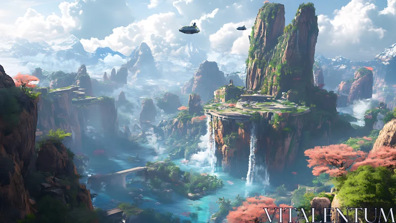 Floating gardens above crystal falls in a calm sci fi valley.