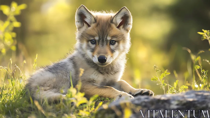 Wolf pup lies on sunlit grass in shallow depth of field
