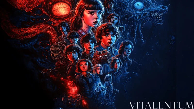 Brave young friends facing eerie monsters in neon light.