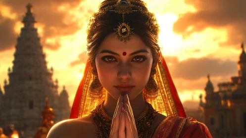 Temple glow crowns serene Indian bride at molten sunset.