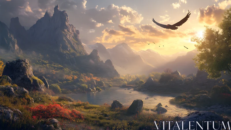 Mountain lake valley shows soaring bird at warm sunset