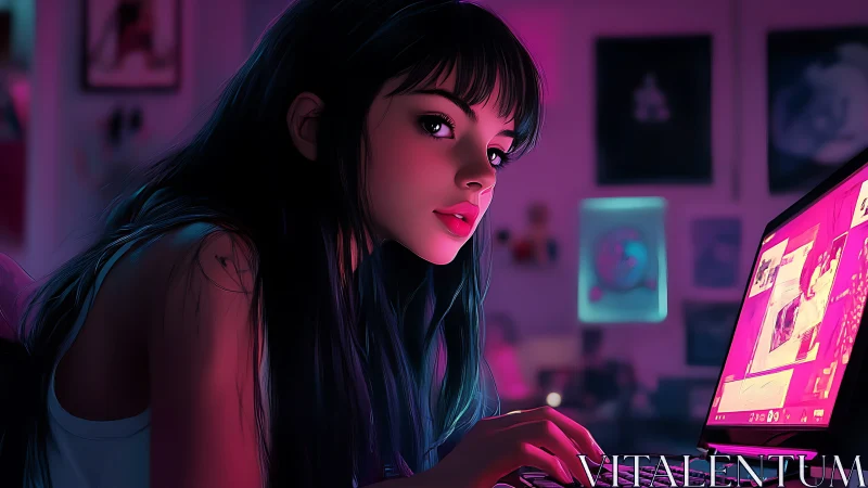 Girl works on neon laptop in dim bedroom interior