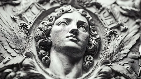 Regal stone face surrounded by flowing wings and ornate curls.