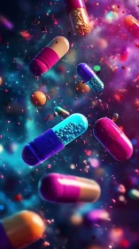 Floating gel capsules render depicts vibrant pharmaceutical microgranules