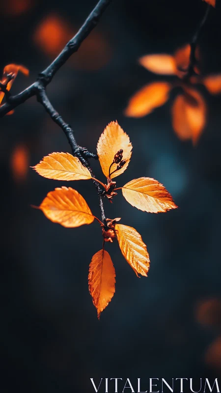 Macro telephoto autumn leaves on dark teal bokeh background