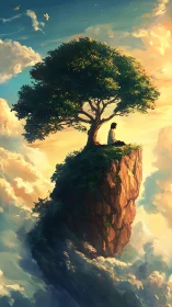 Solitary figure meditating under lone tree on sky cliff.