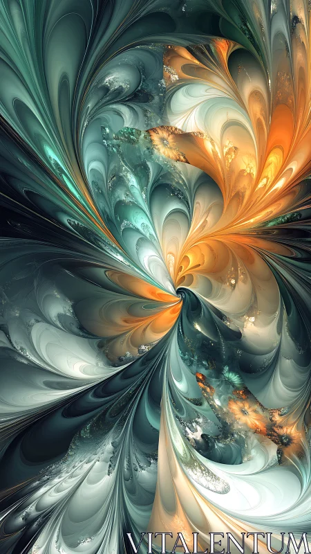 Fractal spiral pattern with teal and orange curved forms.