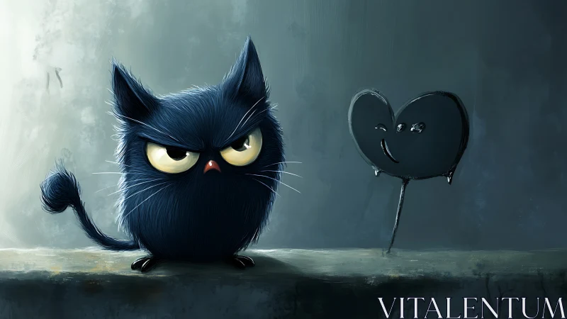 Grumpy midnight puffball cat glares at smug heart balloon.