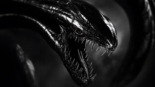 Specular black serpentine alien head with exposed fanged maw