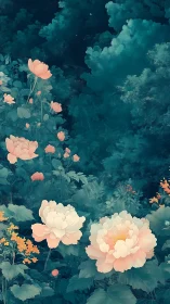 Ethereal Peonies Bloom in Deep Teal Garden Mist