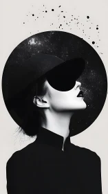 Monochrome woman in cosmic halo gazes toward infinite space.