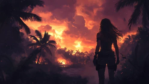 Figure observes illuminated tropical landscape at sunset