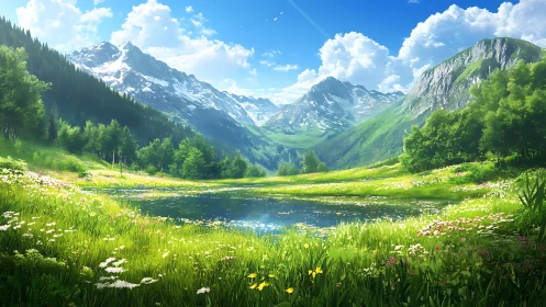 Digital pastoral alpine vista with floral foreground focus.