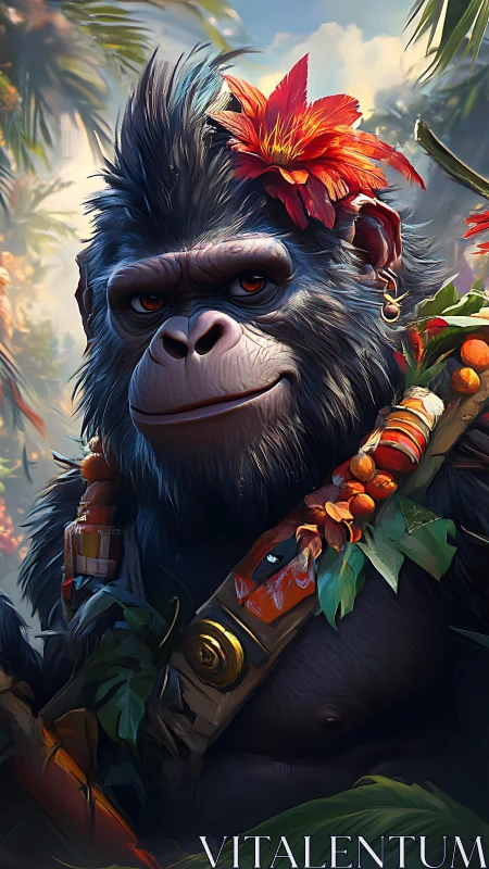 Tropical gorilla guide wearing flowers and bright beads.