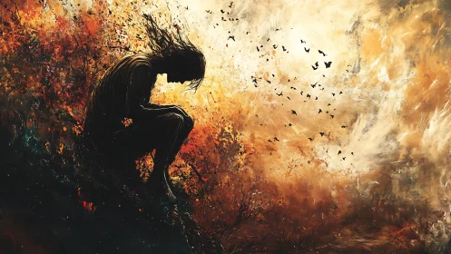 Solitary silhouetted figure amid swirling fiery sky.