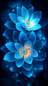 Luminous bioluminescent blue lotus blooms on dark cosmos.