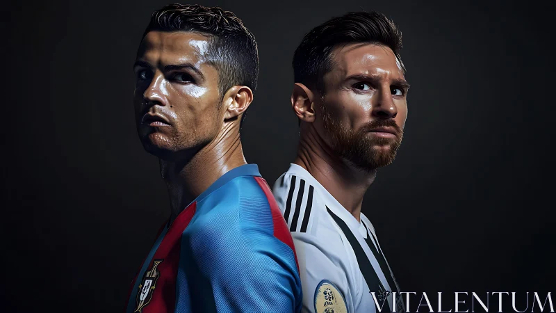 Back-to-back footballers under dramatic studio key lighting