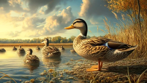 Sunlit marsh ducks in high-fidelity photorealistic rendering.