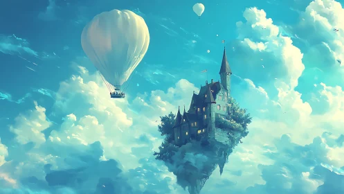 Skyborne castle drifts among cotton clouds and lantern light.