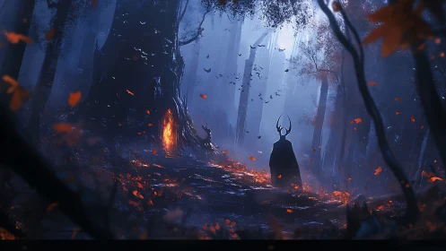 Antlered figure approaches a glowing doorway in haunted woods