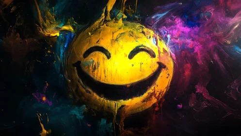 Impasto smiley sphere emerges from high-saturation nebular paint