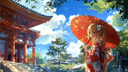 Sunlit shrine girl tilts her red umbrella toward summer sky