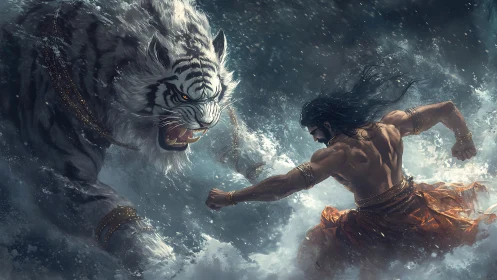 Mythic warrior confronts colossal armored tiger amid storm surge