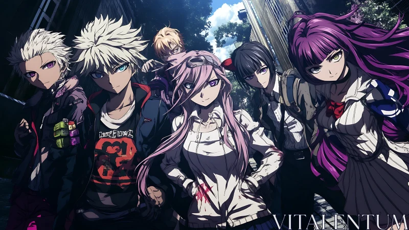 Urban anime gang of six teens with intense expressions.