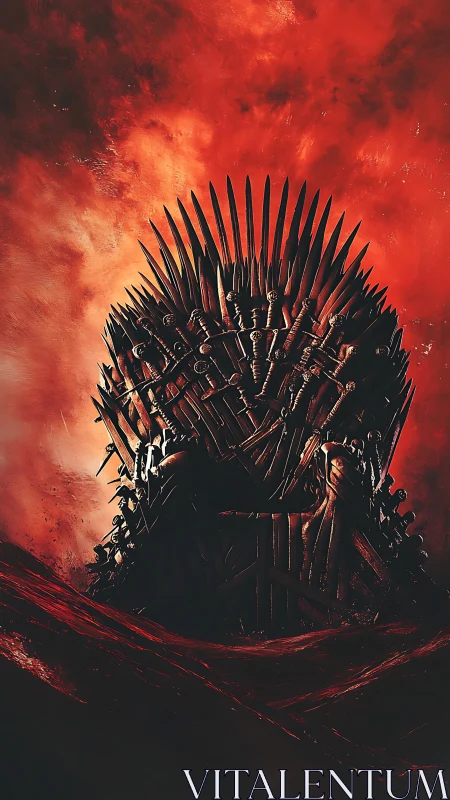 Digital painting of spiked iron throne against infernal sky.