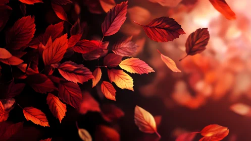 Crimson autumn leaves drift through soft glowing light.