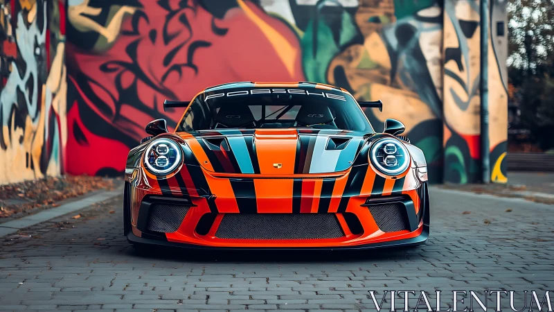 Striped orange Porsche sports car by urban graffiti wall.