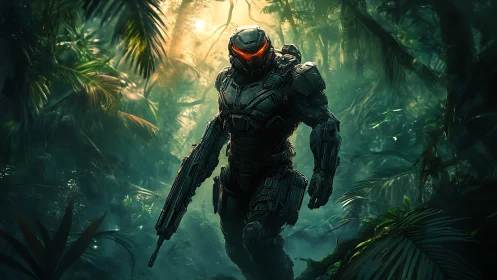Armored cyber-soldier advances through volumetric jungle light