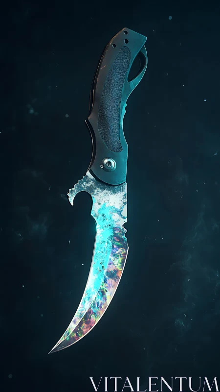 Iridescent karambit folding knife with textured black handle