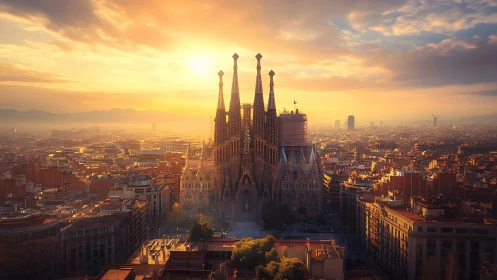 Sunlit cathedral above dense Barcelona cityscape at dusk.