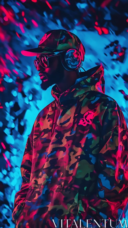 Streetwear DJ in neon camo hoodie under blue red lights.