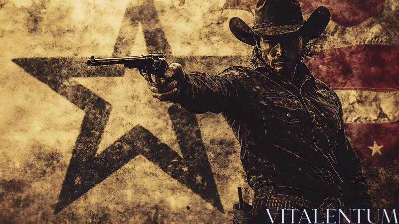 Dusty frontier gunslinger framed by bold western stars.