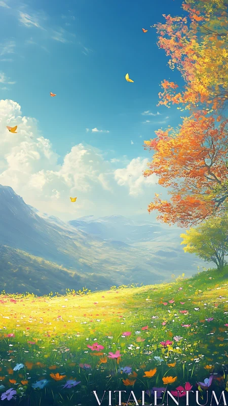 Sunlit alpine meadow transitions into luminous autumn foliage