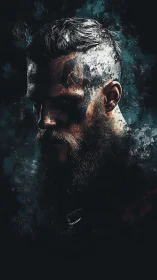 Granular digital portrait of bearded warrior in turbulent chiaroscuro.