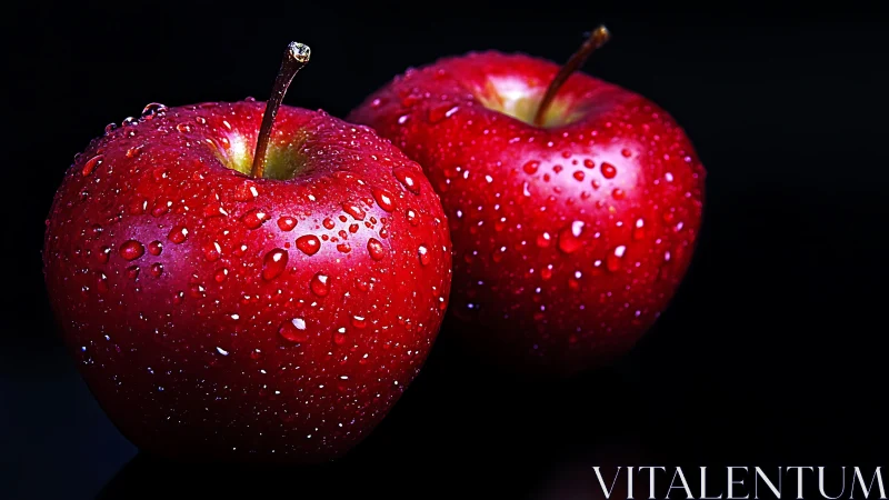 Dew-kissed red apples against deep black background.